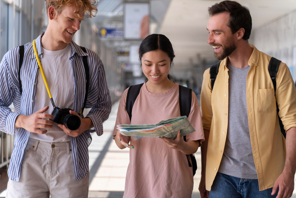 kobi education-program student study exchange-gambar tiga mahasiswa dari berbagai negara berbeda sedang berjalan bersama