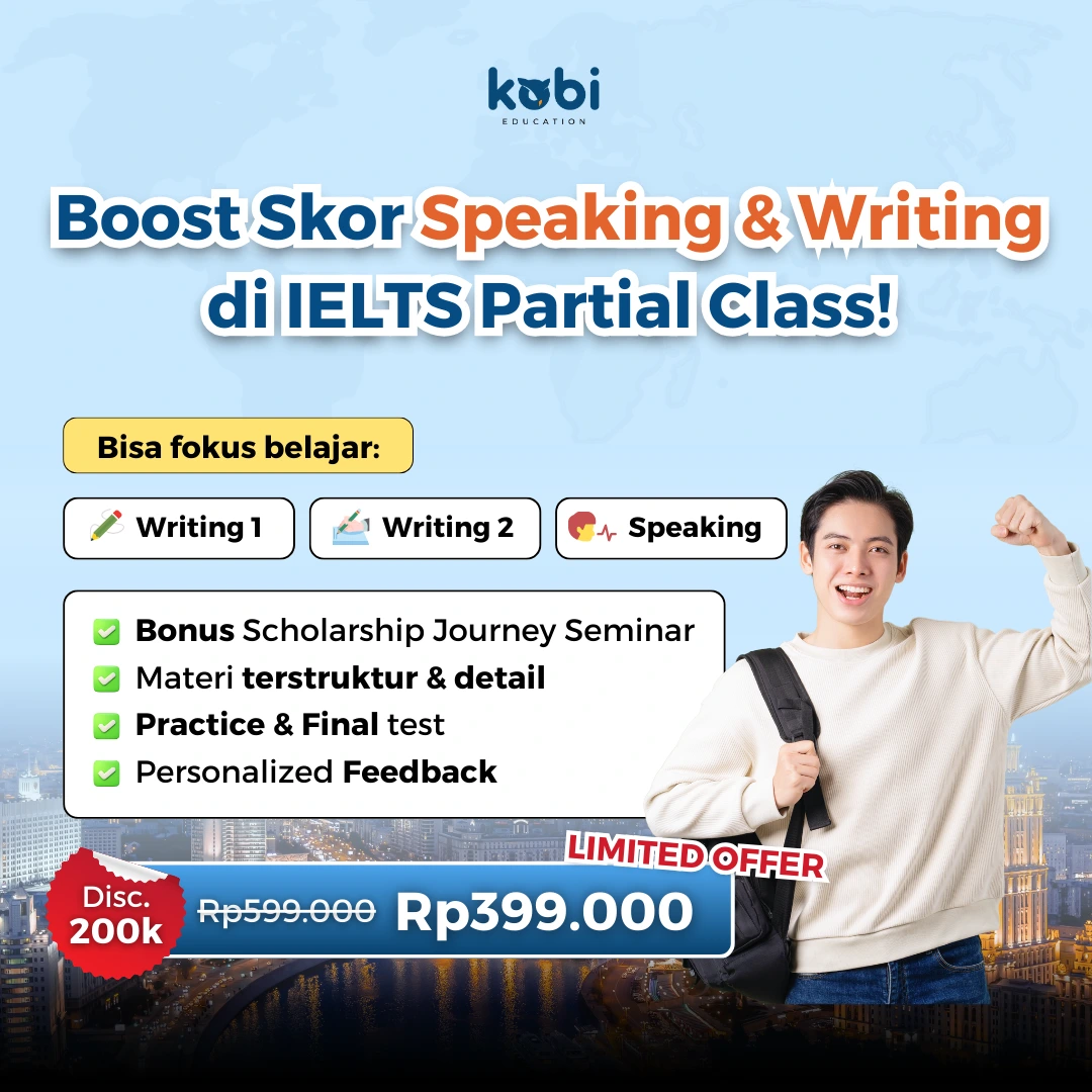 kobi education-pertukaran pelajar ke luar negeri-gambar poster kelas ielts partial buat artikel pertukaran pelajar ke luar negeri