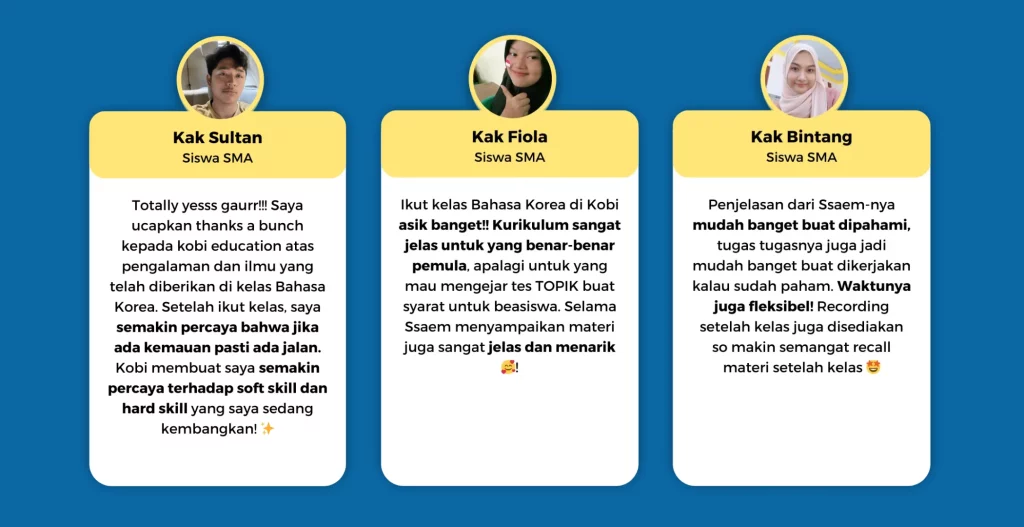 kobi education-contoh percakapan bahasa korea-gambar testimoni untuk semi selling private bakor