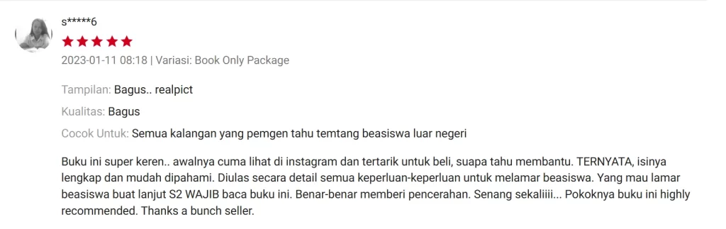 kobi education-persiapan study abroad-gambar screenshot testimoni buku s2 dari shopee