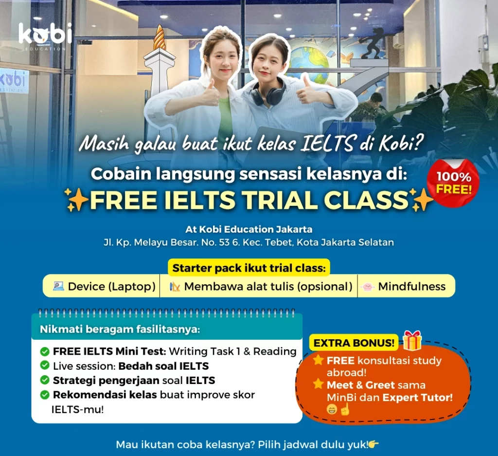 kobi education-kelas trial ielts di jakarta-gambar poster kelas ielts trial jakarta untuk artikel rekomendasi kelas