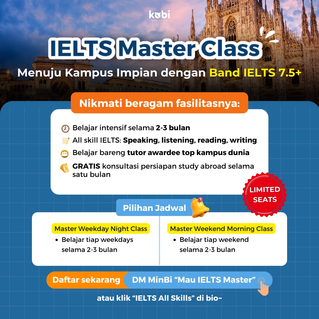 kobi education-kelas ielts master-gambar poster terbatu buat artikel mengenai ielts master kobi