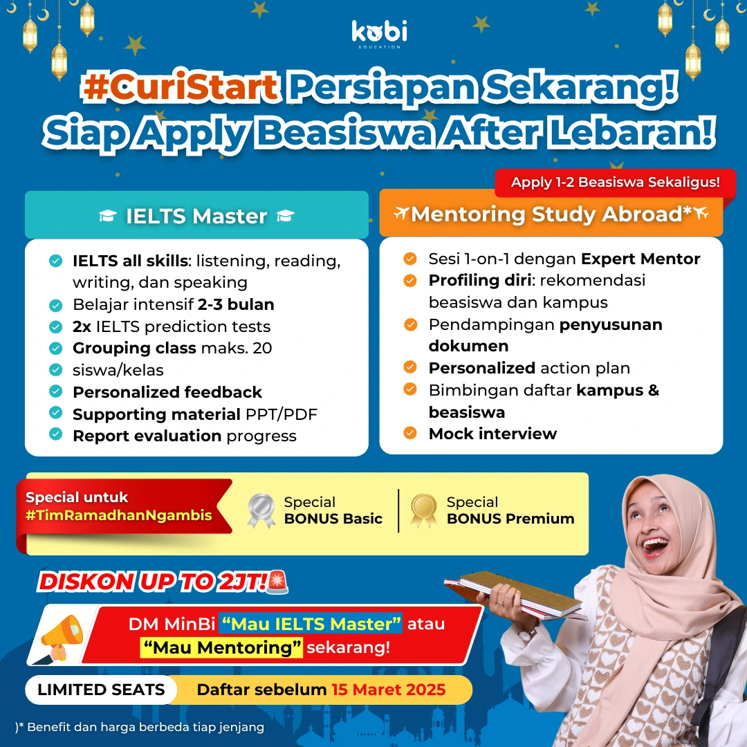 koni education-beasiswa akhir lebaran-gambar poster bundling ielts dan mentoring buat artikel mengenai beasiswa untuk akhir lebaran