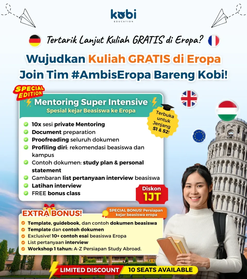 kobi education-kuliah di eropa tanpa toefl atau ielts-gambar poster mentoring eropa buat artikel rekomendasi university yang tidak ada syarat toefl atau ielts di negara eropa