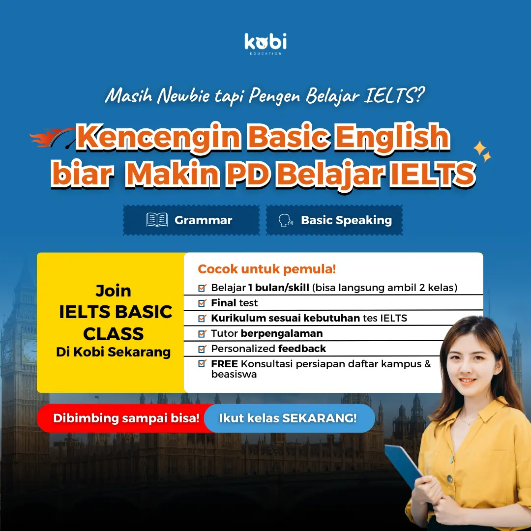 kobi education-podcast buat belajar ielts-gambar poster basic english buat artikel podcast ielts