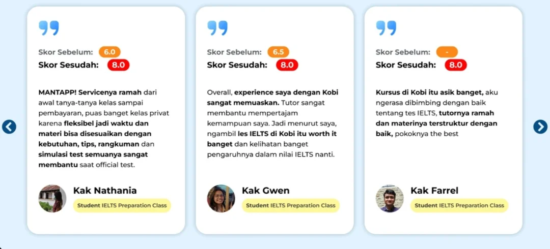 kobi education-kampus dengan jurusan hubungan internasional terbaik-gambar screenshot testimoni buat kelas ielts