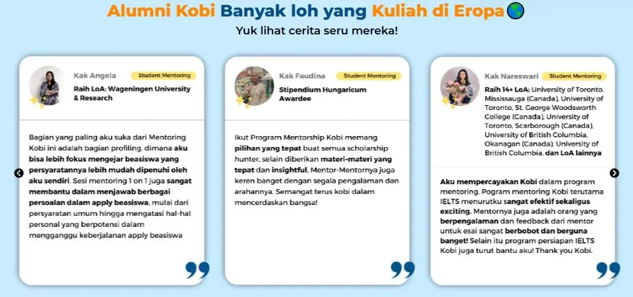 kobi education-kuliah di eropa tanpa toefl atau ielts-gambar testimoni buat produk mentoring eropa