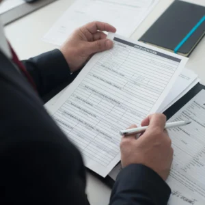 kobi education-cara bikin cv untuk siswa sma-gambar manager sedang mengecek dokumen data dari perspektif orang ketiga