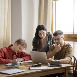 kobi education-tips orang tua dalam membantu anak dalam memilih universitas luar negeri-gambar tiga teman sedang belajar bersama di ruang personal perpustakaan