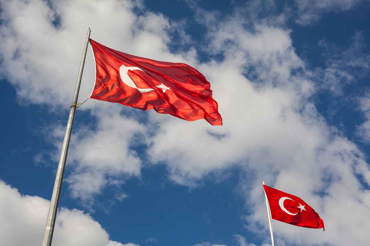 kobi education-beasiswa akhir tahun turki-gambar dua bendera turki yang berkibar di langit yang sedang berawan